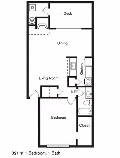 Floor plan for 1 bed, 1 bath, 821 sqft